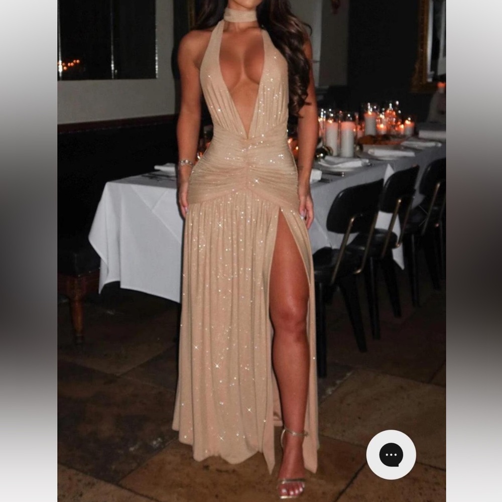 Elegant Backless Halter Dress in Shimmering Beige
